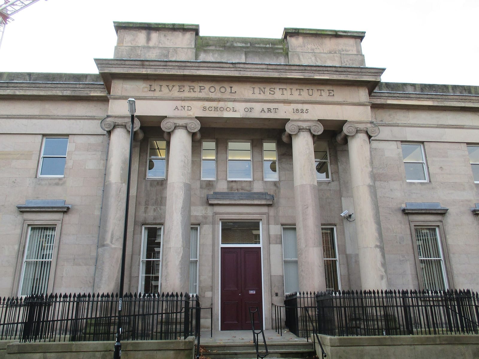 Neoclassical front of the Liverpool Institute for Performing Arts on Mount Street, Liverpool