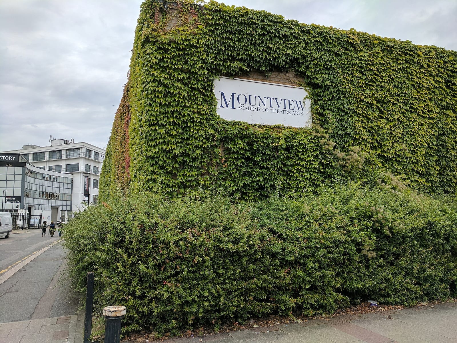 Ivy-covered wall with the Mountview Academy of Theatre Arts sign, London