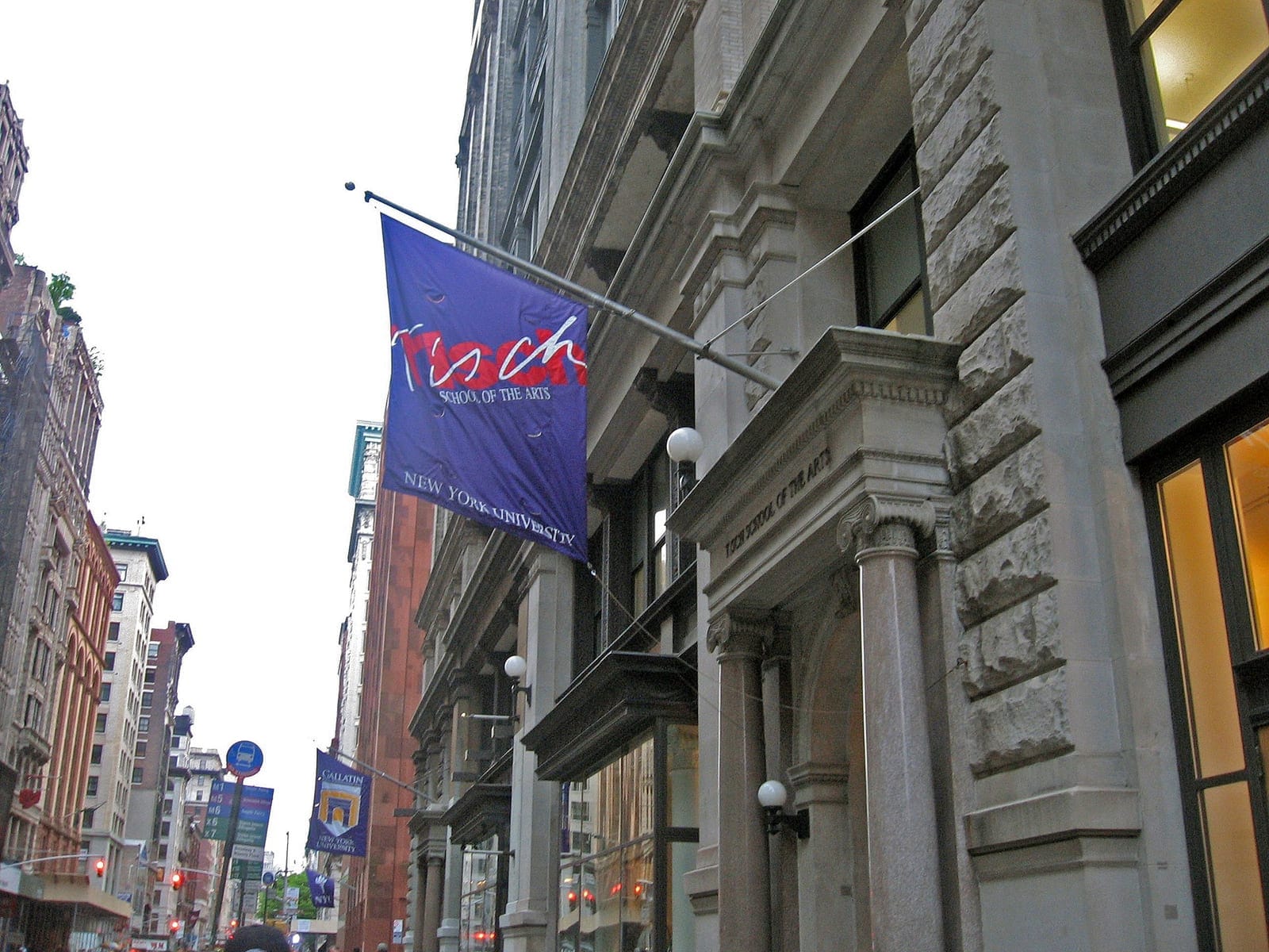 Tisch School of the Arts banner on the NYU building on Second Avenue, New York