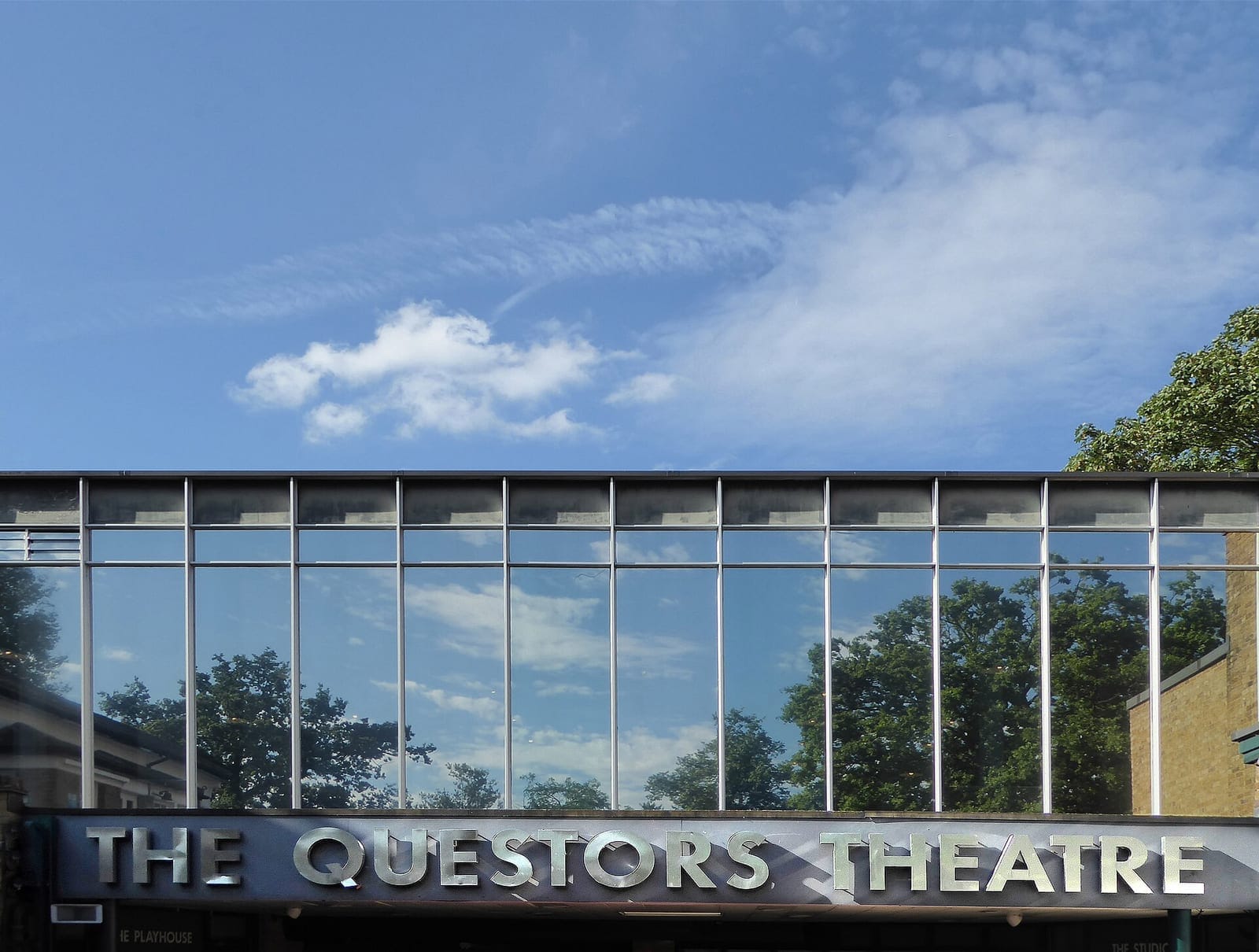 Glazed facade of The Questors Theatre in Ealing, West London